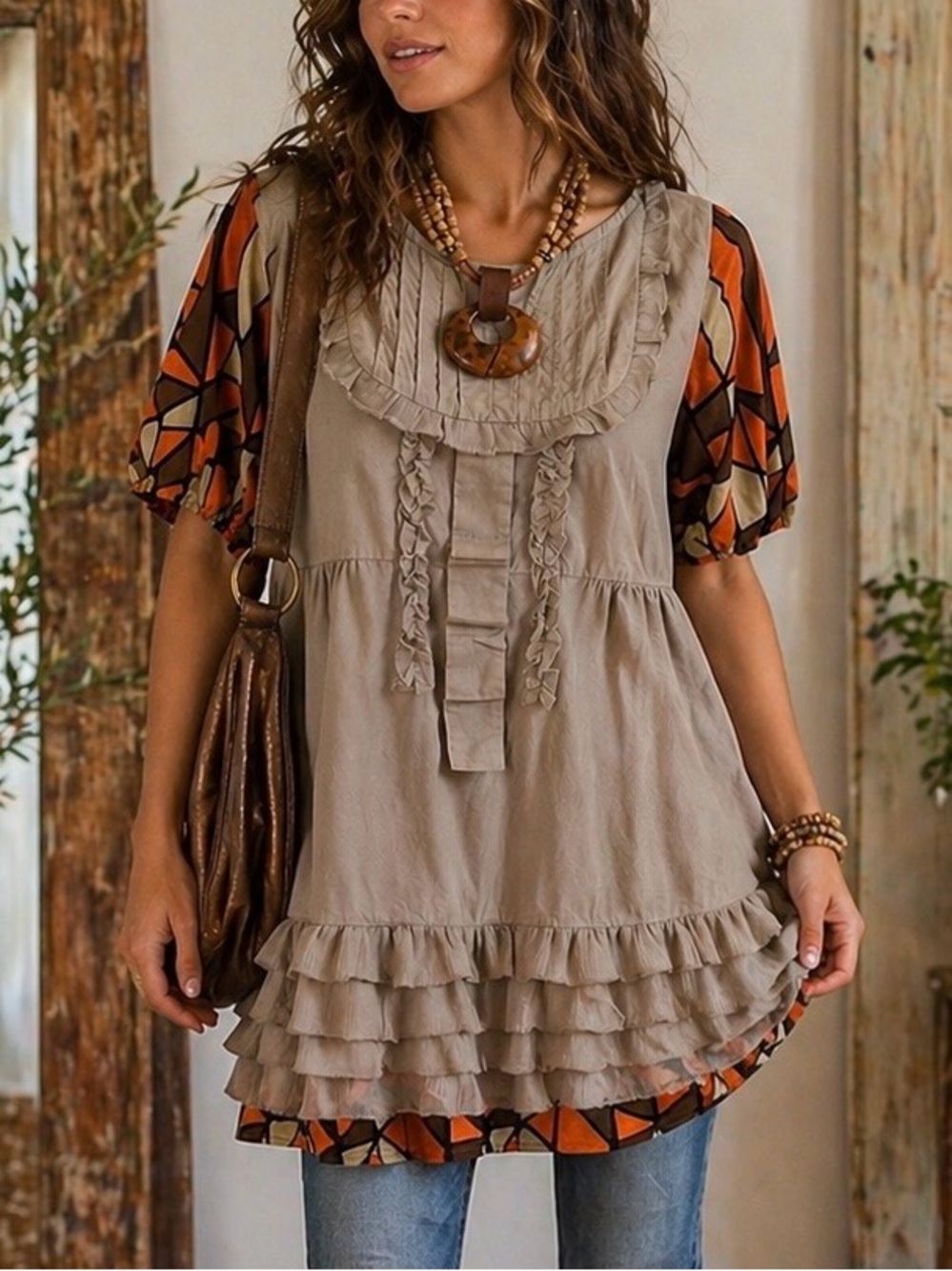 GARAGE COUTURE Ruffle Tunic Mini Dress Boho Hippie Mixed Print Layered Hem | S